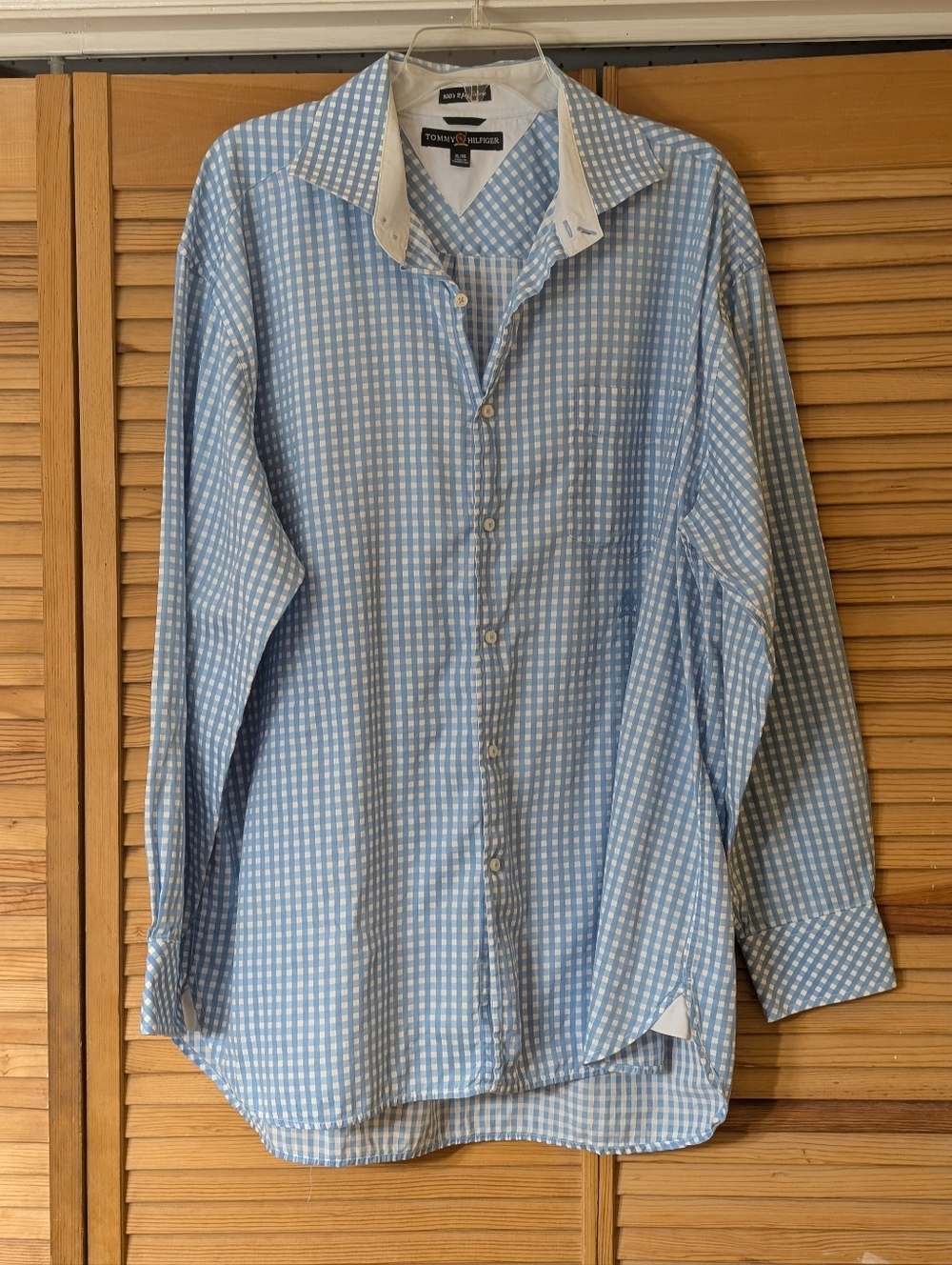 Tommy Hilfiger Men's Baby Blue and White Gingham Checkered Long-Sleeve Shirt XL